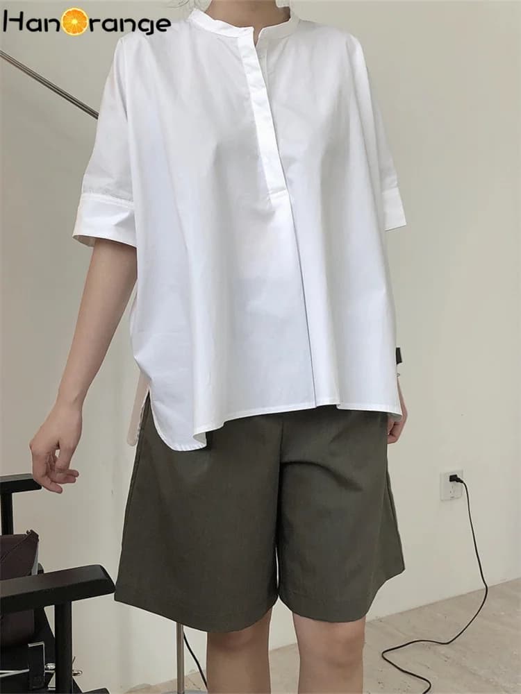 HanOrange 2026 Camicia Estiva Semplice ed Elegante a Mezza Manica con Colletto Rialzato da Donna, Blusa Versatile in Cotone Bianca/Blu Reale