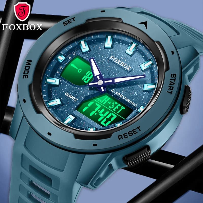 FOXBOX Nuovo Orologio Sportivo da Uomo alla Moda, Stile Militare LED Digitale, Impermeabile 3ATM, Orologio da Polso al Quarzo con Doppio Display