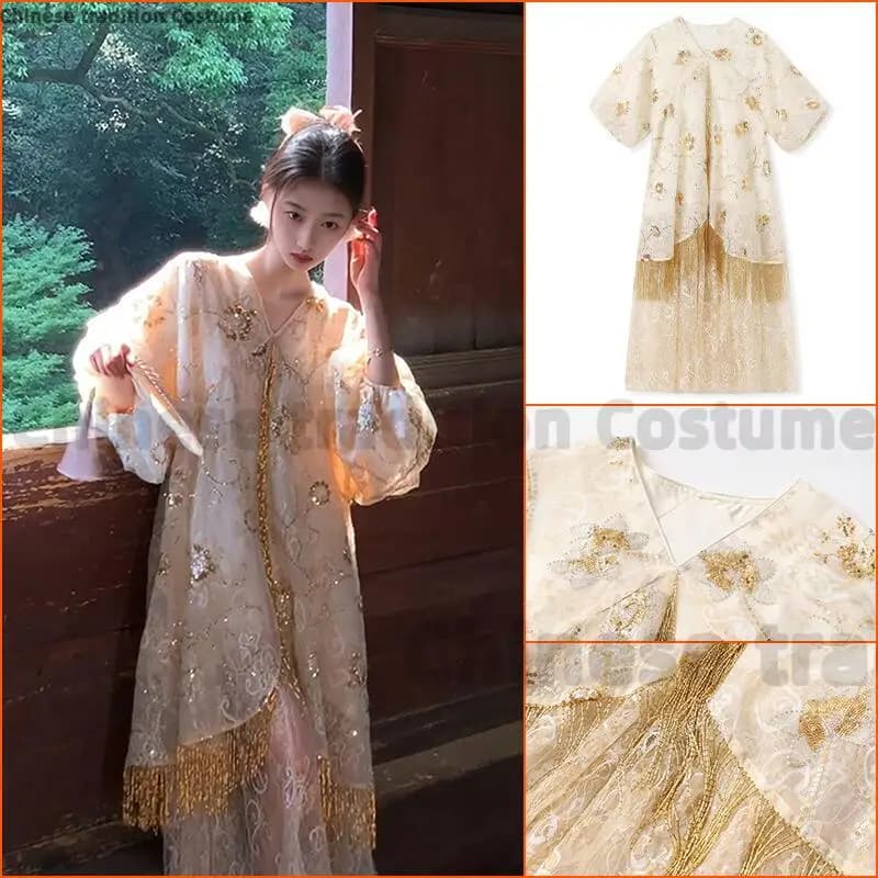 Abito in Stile Tang Cinese con Pizzo, Perline, Ricami e Nappine, Hanfu Vintage da Donna con Collo a V, Elegante Costume Etnico