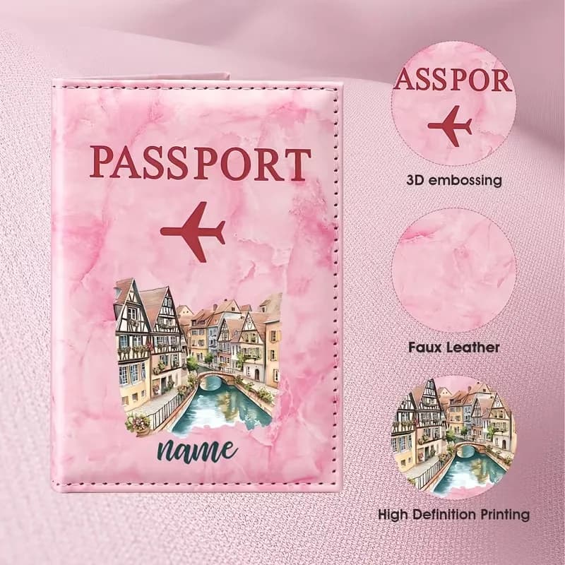 Custom Name European Town Watercolor Style PU Passport Holder, Featuring European-Style Architectural And Canal Landscapes