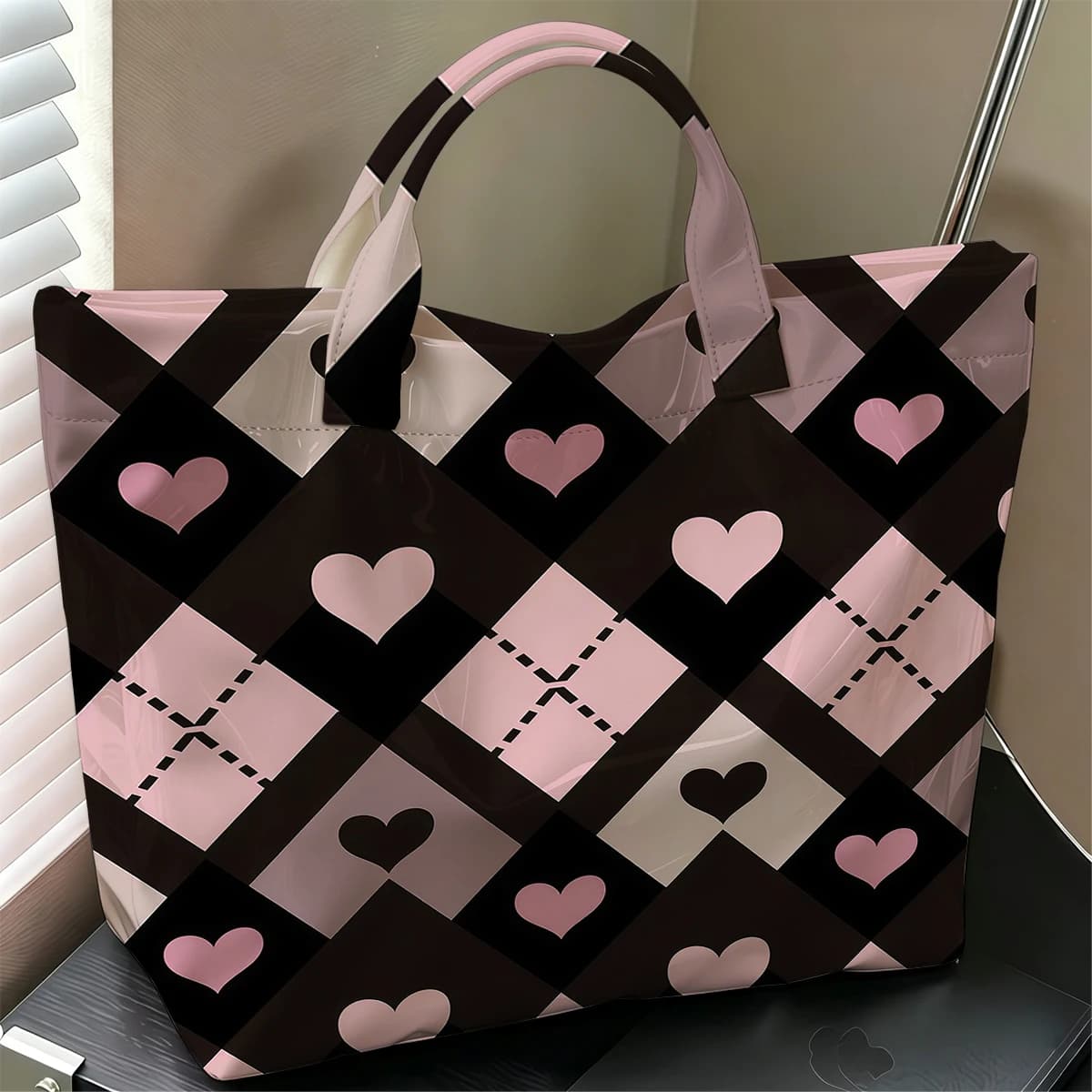 Pink Brown Check Fashion Large Glossy PVC Tote Bag Hand Washable Waterproof Perfect Travel Commute Cosmetic Storage Shopper