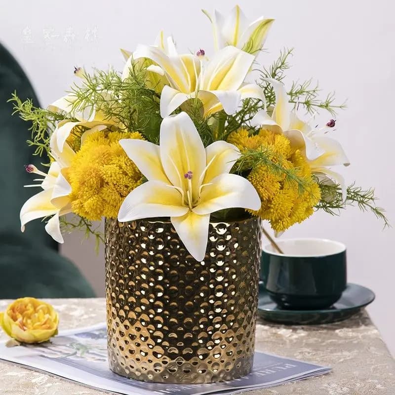 Set of compositions of simulated high-end fake flowers, ornamentation of potted plants.