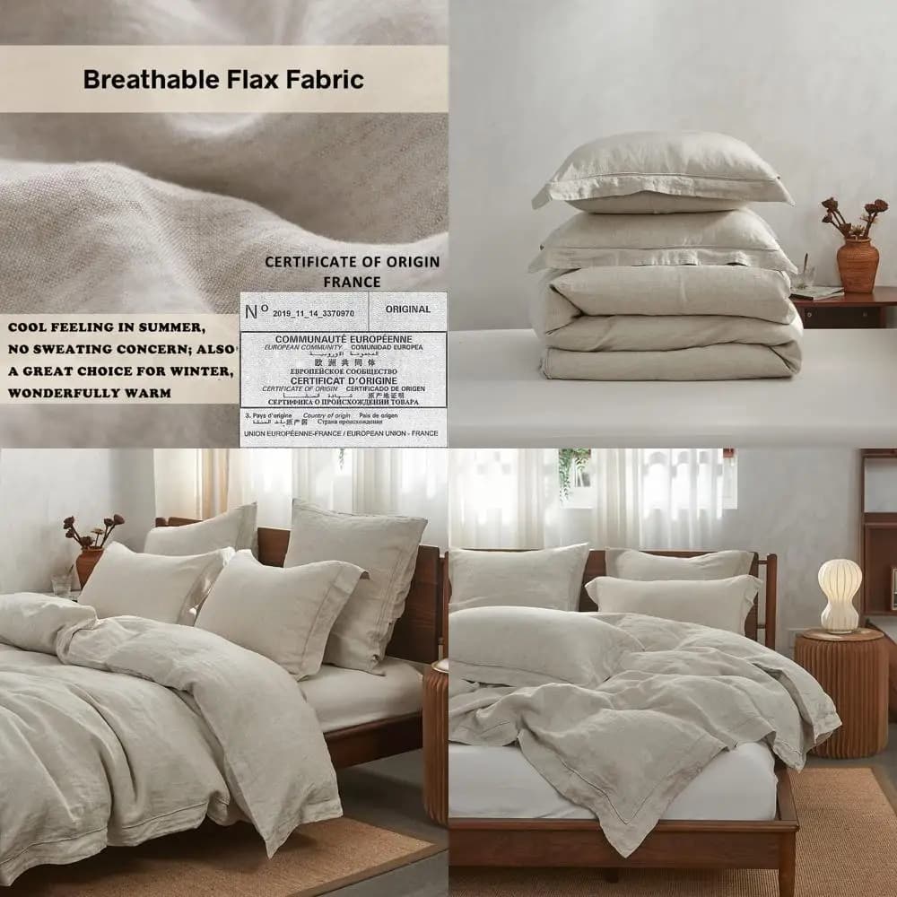 Set Copripiumino 100% Lino con Ricami - Lavato, Traspirante, Misura King, 3 Pezzi (1 Copripiumino + 2 Federe)