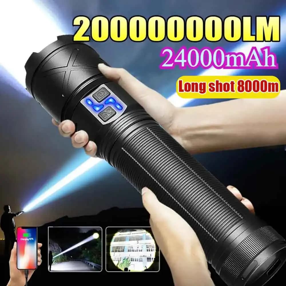 24000mAh Ultra Bright LED Flashlight USB Rechargeable Zoom Flashlights Long Range 8000M Tactical Torch Camping Fishing Work Lamp