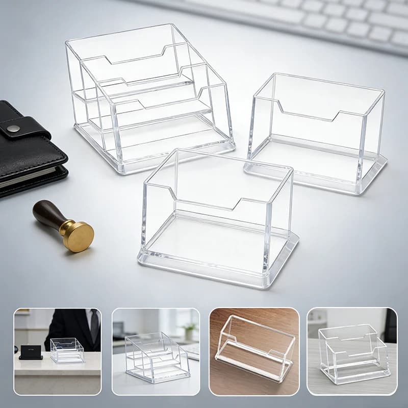 Porta biglietti da visita trasparente Organizzatore Espositore da scrivania da ufficio Accessori per bancone promemoria Scatola porta biglietti da visita da tavolo