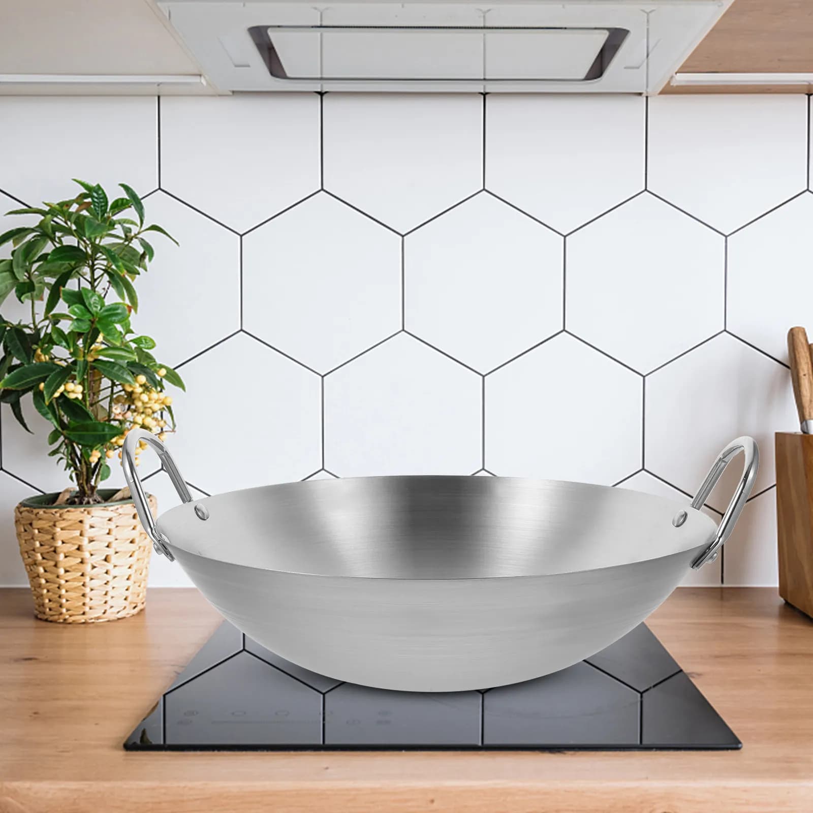 Stainless Steel Wok Reinforced, Traditional Chinese Layer Resistant with Double Handle for Gas and Electric Cooking