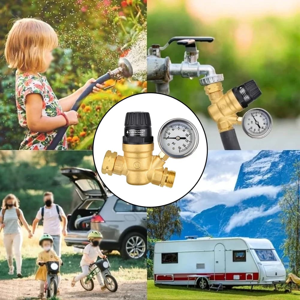Water Pressure Regulator for RVs Campers and Trailers with 3/4 Inch Garden Hose Thread and Adjustable PSI Control