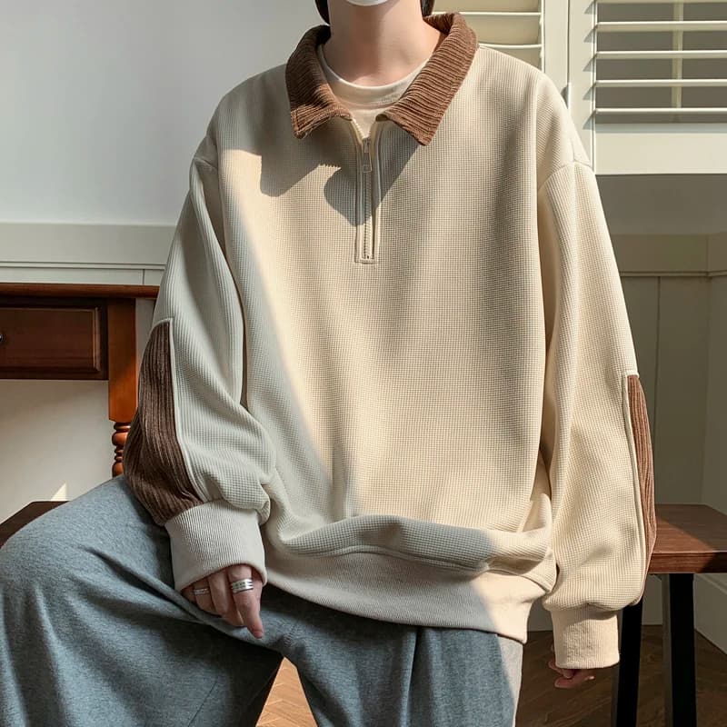 Men's Winter Thiened Fce Lined Oversized Hoodie Patchwork Design Casual Streetwear Faionable round Ne Sweatirt