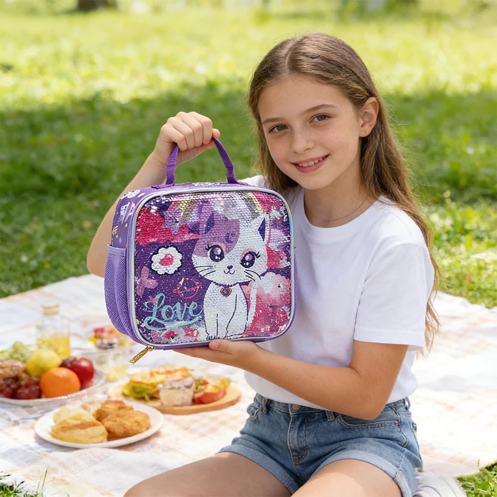 BLING BABIES Children's tote, lunch bag, double sided Purple Cat sequin design, suitable for carrying food