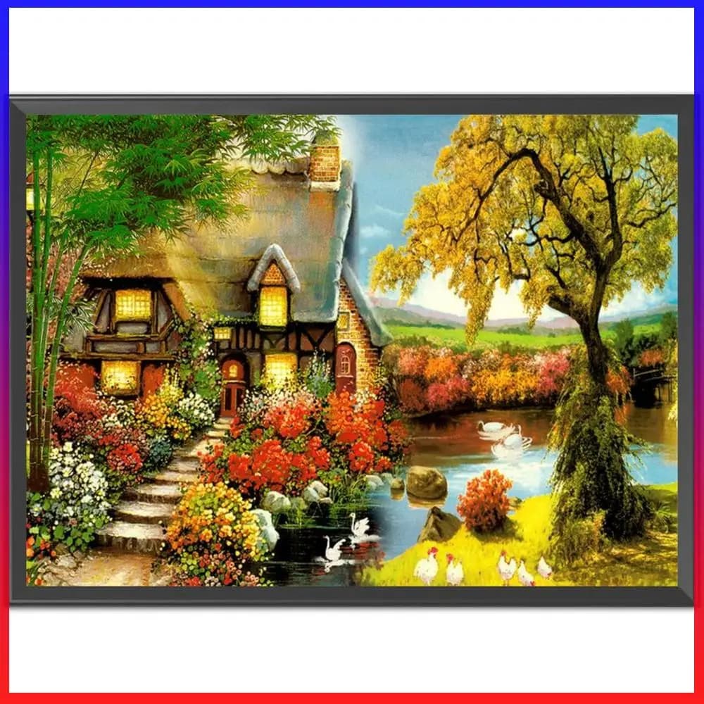 Cross-Stitch Stamped Sets Cotton Thread Printed DIY Needlepoint Kits Landscape Patterns Fabric Embroidery Crafts for Adults Kids