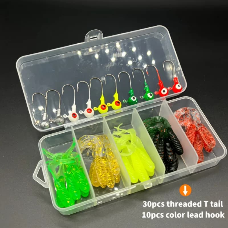 Set di 40 esche morbide: 30 esche a spirale con coda a T + 10 teste jig colorate, esche artificiali, micro esche morbide con testa jig