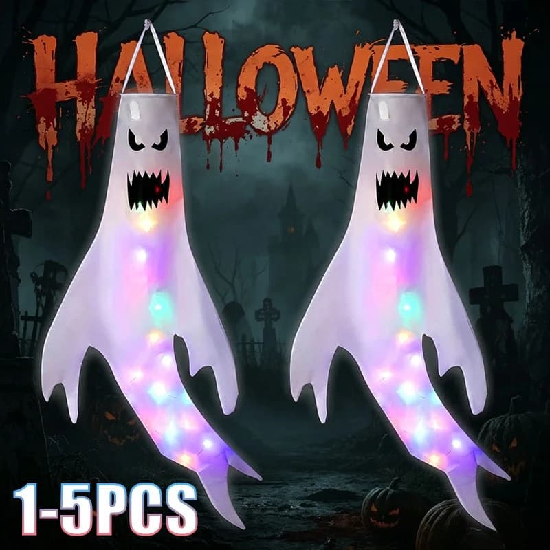 1-5PCS Ghost Festival Glowing Ghost Wind Chime Hanging Decor with LED for Halloween Party Haunted Venue Prop Decoration