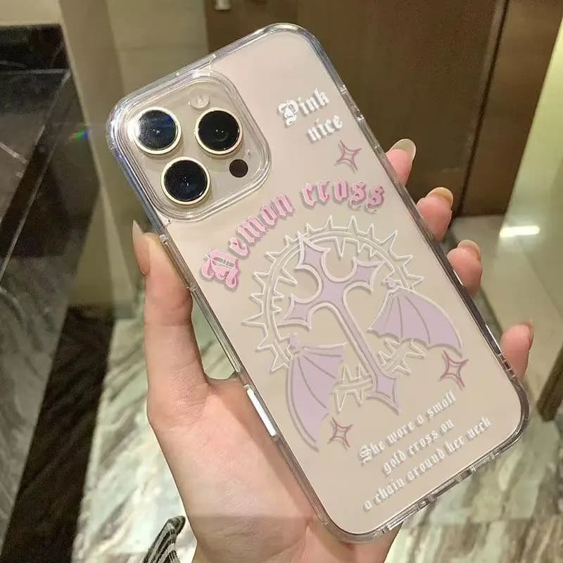 Pink Winged Cross English Girl Phone Case For iPhone 17 16 15 14 13 12 11 Pro Max XR XS MAX 7 8 PLUS Air INS Transparent Cover