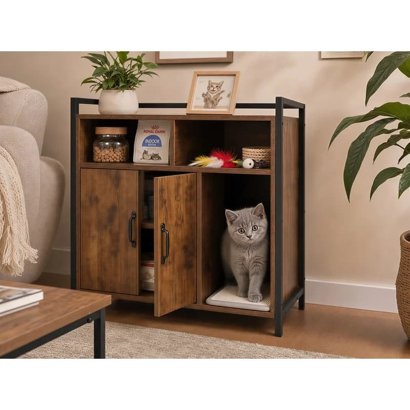 Rustic Brown Wooden Cat Litter Box Enclosure with Scratching Mat, Spacious Hidden Design for Bedroom, Bathroom, Living Room – 31.9"x17.7"x31.4", 61 lbs