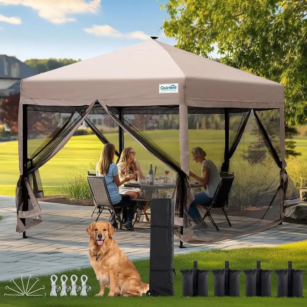 Tenda Pop-Up Compatta 13'x13' con Zanzariera, Riparo Portatile per Campeggio, Picnic e Terrazze, Include Borsa con Ruote