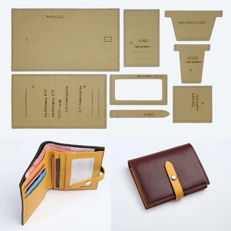 YOMDID Set di 8 Modelli in Carta Kraft per Portafogli Corti in Pelle Fatti a Mano con Molteplici Scomparti per Carte, Kit Fai-da-Te per Creazione di Portafogli Verticali