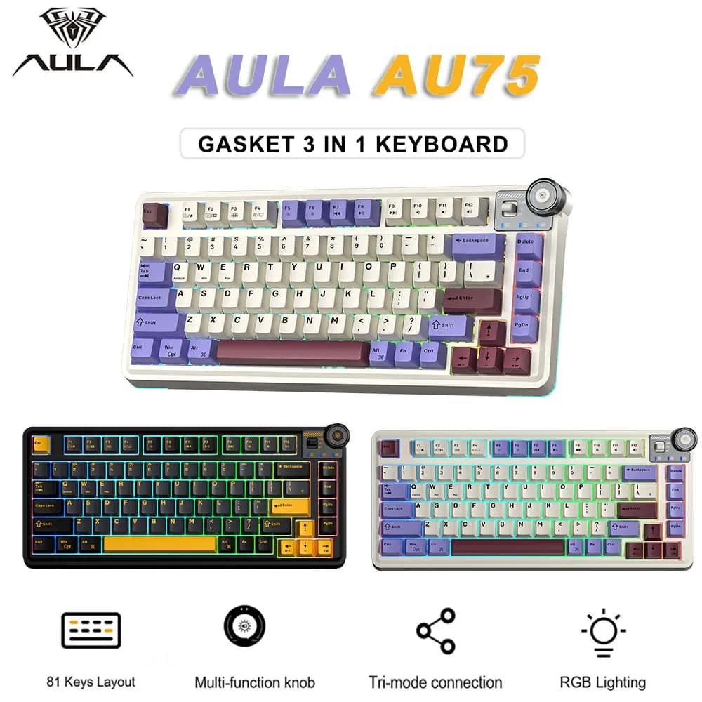 Tastiera Meccanica da Gaming AULA AU75 Tri-modalità Hot Swappable per Desktop e Ufficio, 81 Tasti RGB, Tastiera E-sports