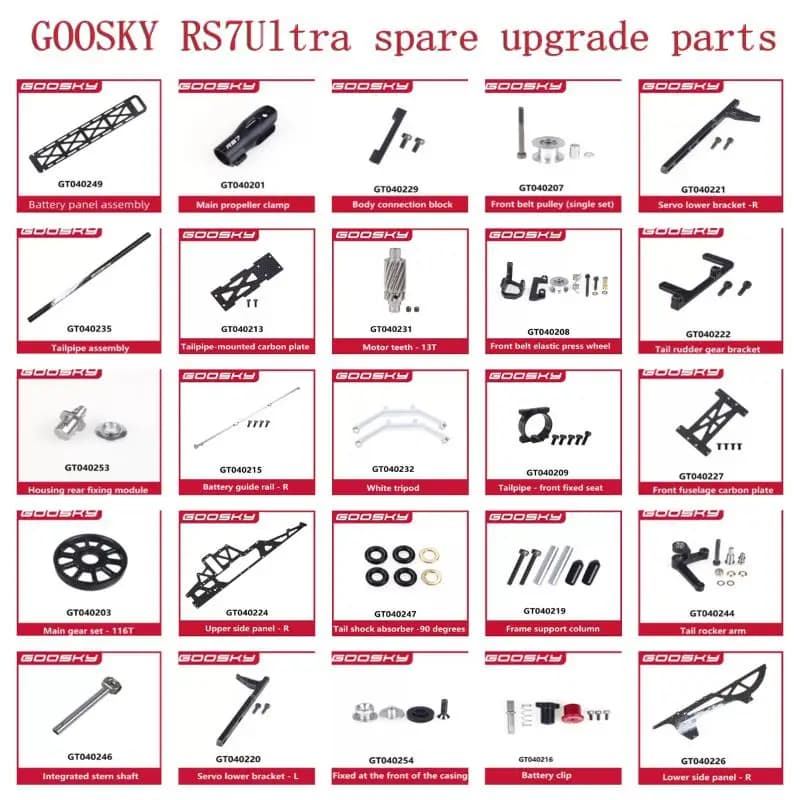 Parti di Aggiornamento per Elicottero RC GOOSKY RS7Ultra: Ingranaggio Motore, Piastra Laterale, Supporto Servo, Tubo di Coda, Fibbia Batteria, Braccio di Coda