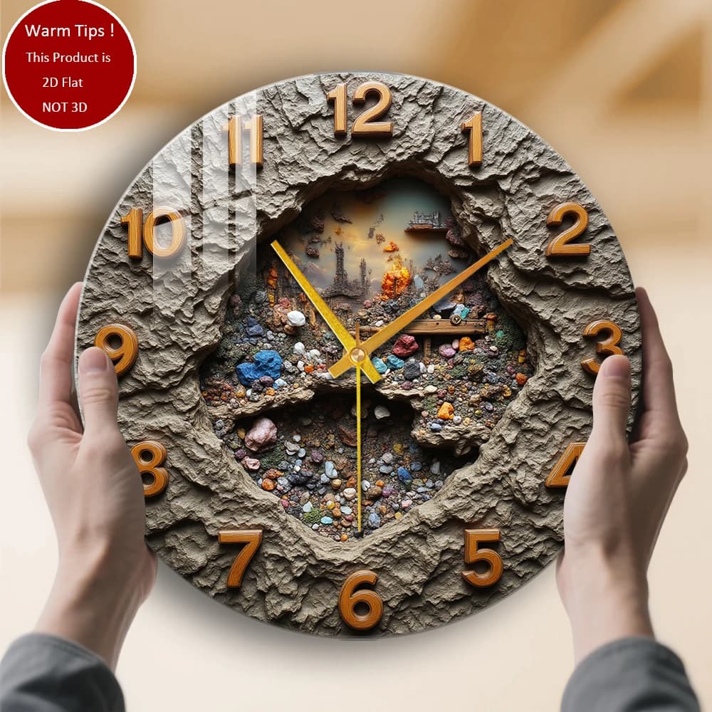 Orologio da parete in vetro temperato Orologio con paesaggi di grotta di roccia adatto per decorazioni murali o display da tavolo ovunque