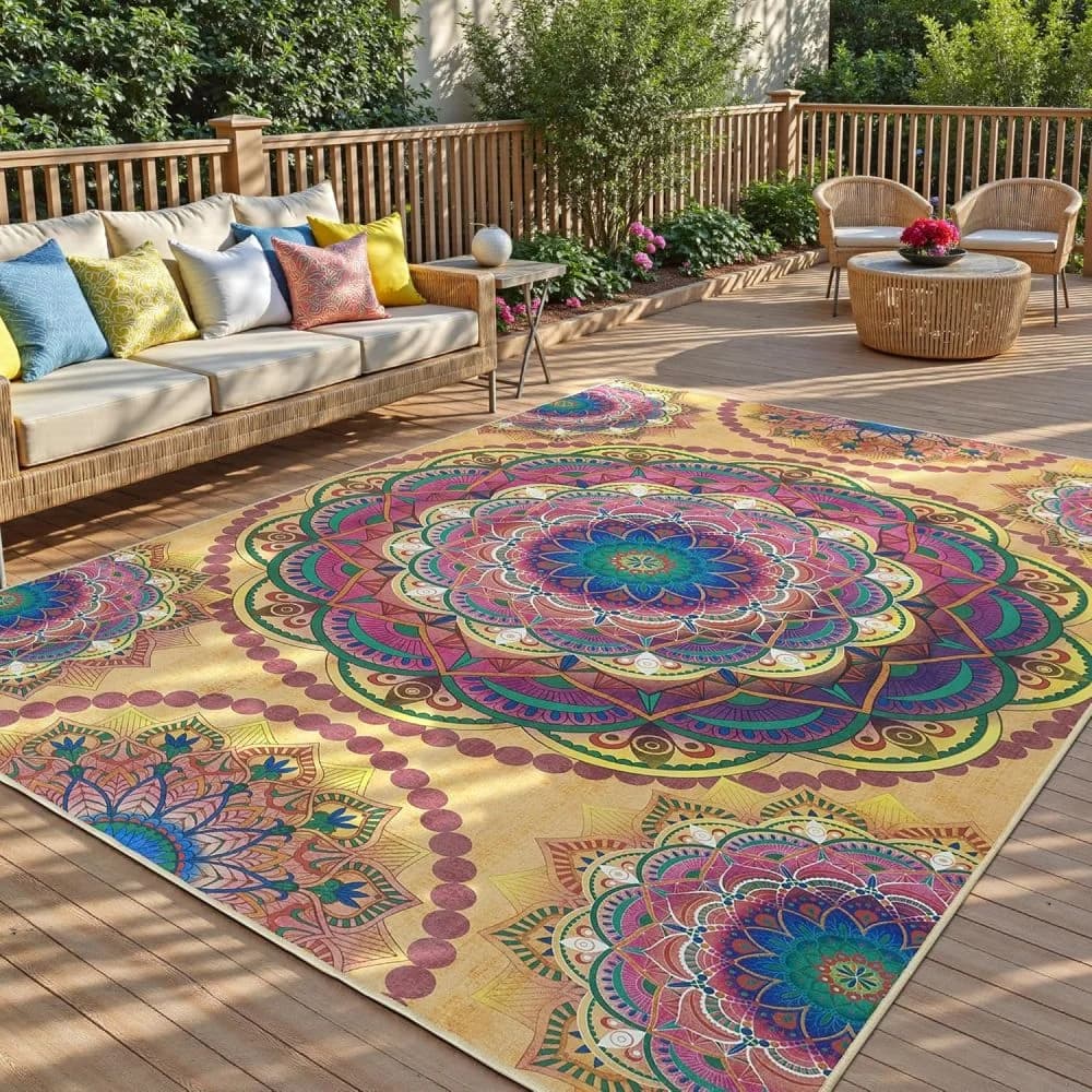 VIKAMA Mandala Flower Outdoor Carpet Bohemian Yoga Meditation Mat Easy to Clean Terrace Courtyard Carpet Home Decoration