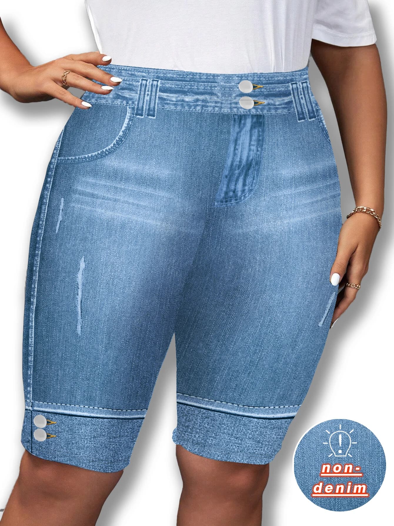 Shorts Biker Estivi in Finto Denim Taglie Forti, Pantaloncini da Ciclismo a Vita Alta Elasticizzati al Ginocchio, Pantaloni Yoga Chic Slim Fit