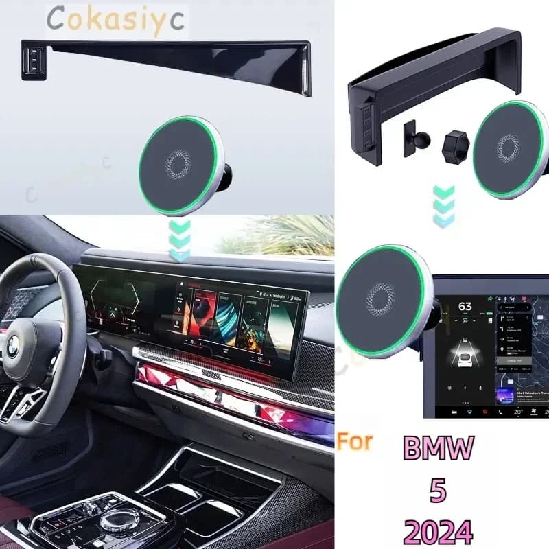 Per BMW Serie 5 G60 2024 Supporto per telefono per auto Schermo Base fissa per auto Supporto di ricarica wireless magnetico da 15 W Supporto per telefono MagSafe