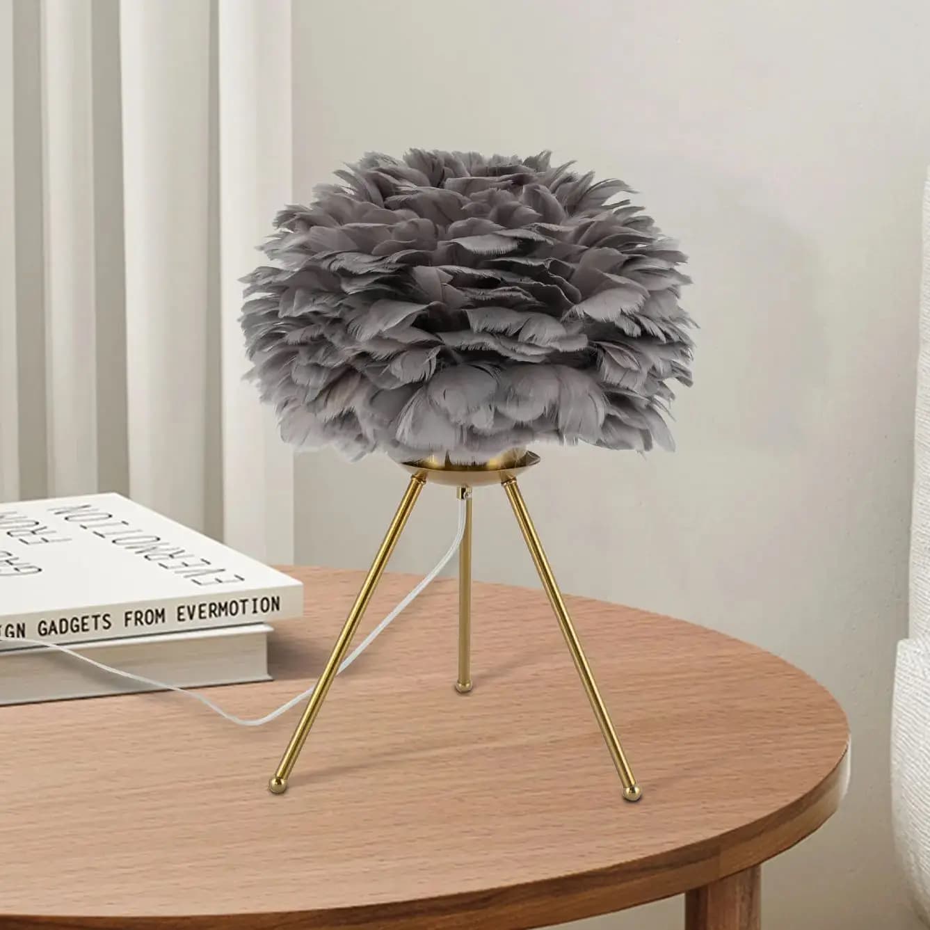 Lampada con Piume 110V, Lampada da Tavolo con Treppiede Durevole, Lampada con Piume Grigie per Studi, Soggiorni, Sale da Pranzo
