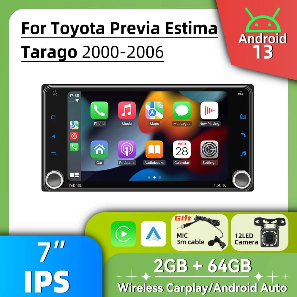 Car Radio 7" Stereo 2 Din Android Multimedia Screen for Toyota Previa Estima Tarago 2000-2006 Wireless Carplay Android Auto GPS