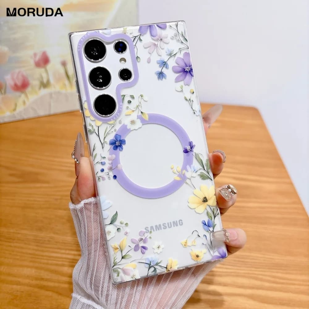 Cover Trasparente Opaca con Fiori Cartoon per Custodia Magsafe Samsung Galaxy S26 S25 S23 Ultra S24 Plus con Ricarica Wireless Magnetica