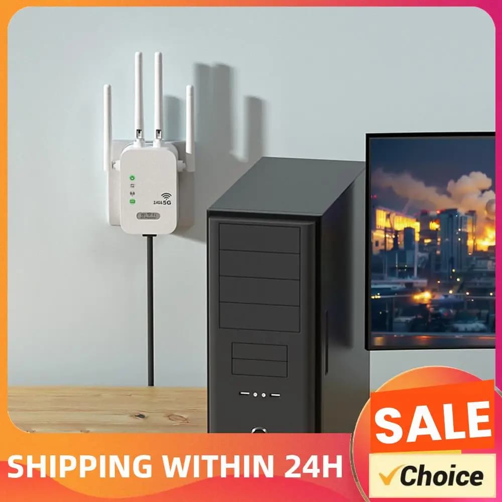 Ripetitore WiFi Wireless 1200Mbps con Porta WAN/LAN, Dual-Band 2.4GHz/5GHz, Amplificatore di Segnale Wi-Fi con 4 Antenne per Casa
