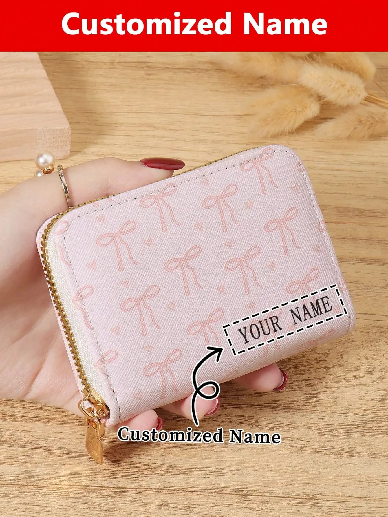 Portafoglio personalizzato con stampa del nome per donna, porta carte con cerniera e monogramma personalizzato, grazioso portamonete rosa per carte e monete