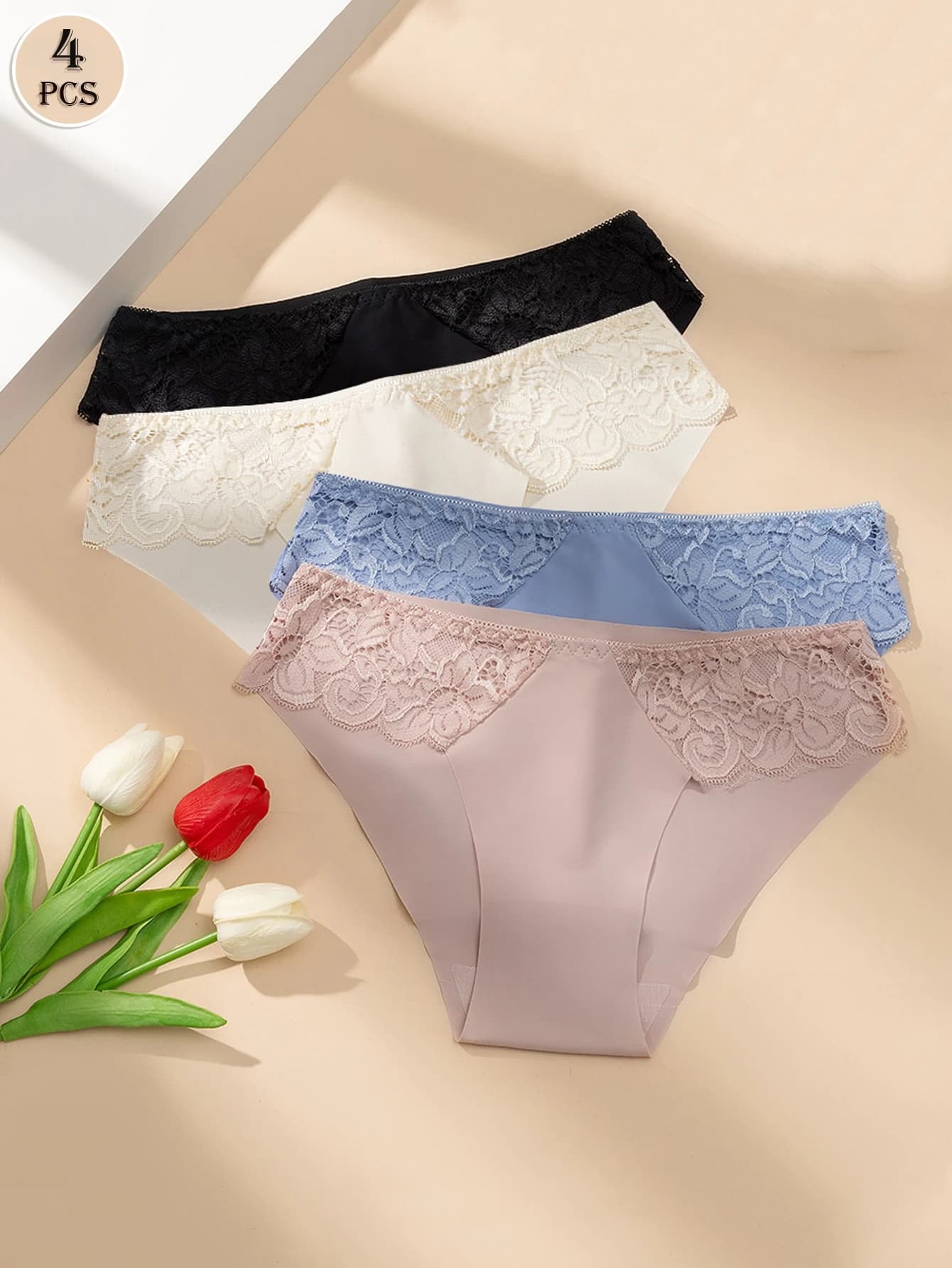 4PCS Lace Splice Ice Silk Women Invisible Daily Comfy Bikini Underwear