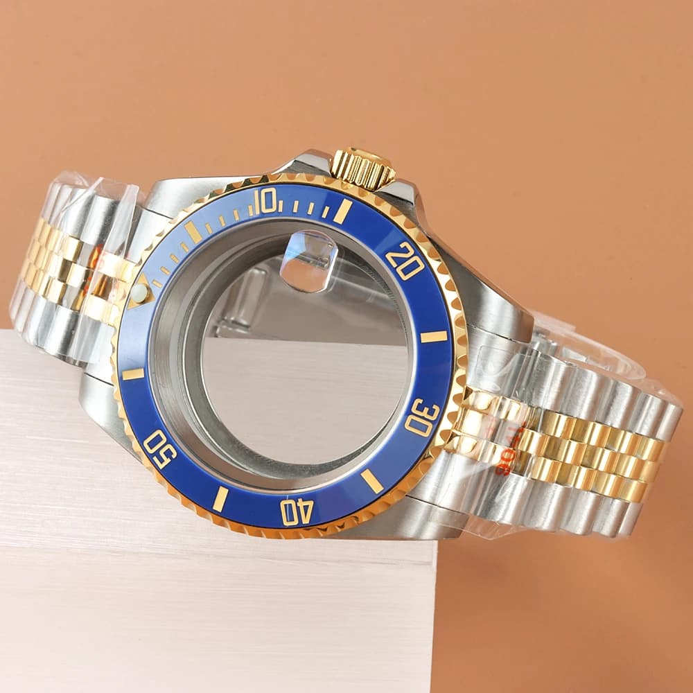 40mm NH35 Cassa per orologio in oro Blu scuro Lunetta in ceramica Vetro zaffiro per SUB GMT NH34 NH35 NH36 NH38 Movimento Oyster/Jubilee Strap