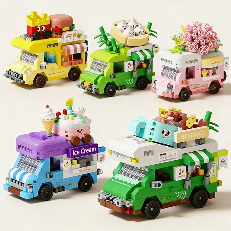NUOVO Kit di Costruzioni Fai-da-Te: Camion del Caffè, Negozio di Gelati, Fioreria, Scena Urbana, Modellino in Mattoncini