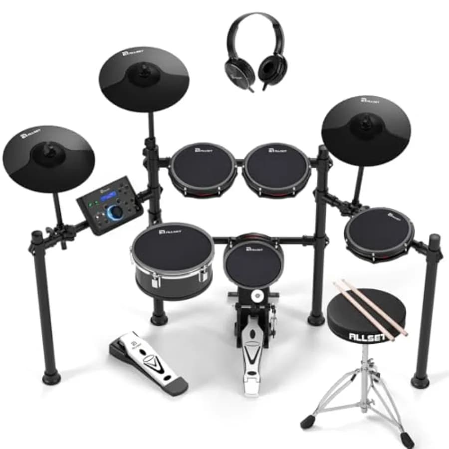 Batteria Elettronica Professionale Nera con Pad in Mesh, 10 Zone Duali, 30 Kit, Oltre 600 Suoni BFD, 2 Pedali, Sgabello, Cuffie e Microfono