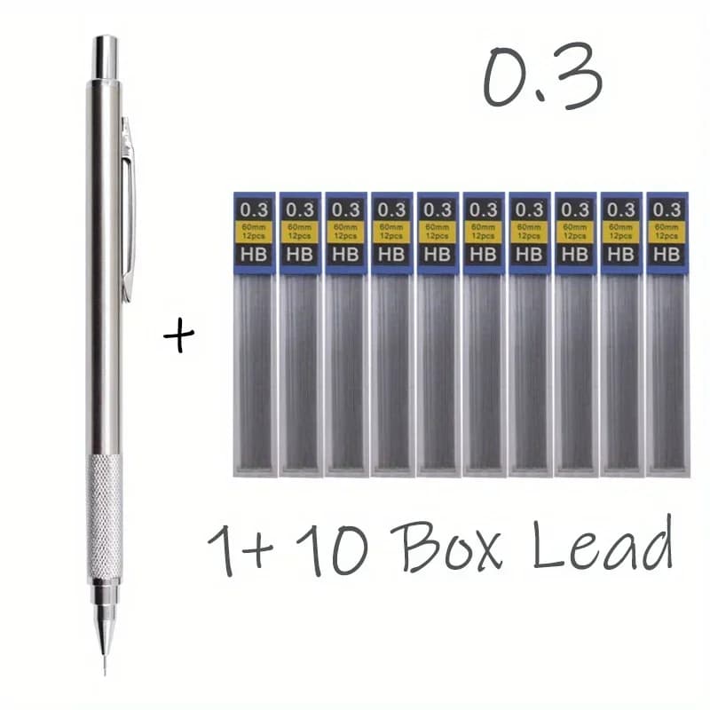 All Metal Mechanical Pencils 0.3, 0.5, 0.7, 0.9, 1.3 2.0Mm Lead Refills Art, Writing, Sketching Retractable Design