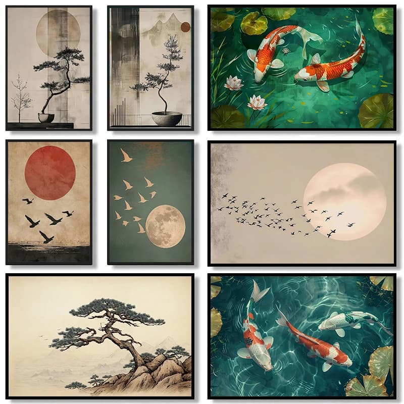 Set Pittura Diamante Fai da Te: Murale Decorativo Paesaggio Giapponese Zen con Pino, Koi e Uccelli al Tramonto