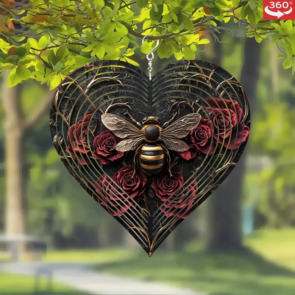 1Pc, 3D metal wind spinner, hanging heart-shaped wind chimes, exquisite artistic combination of hummingbird and rose