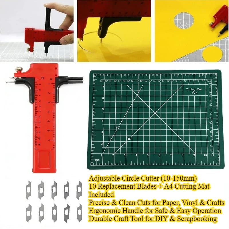 Set di Taglierine Circolari Regolabili con 10 Lame e Tappetino da Taglio A4 - Strumento di Precisione per Taglio di Carta, Vinile, Cartoncino