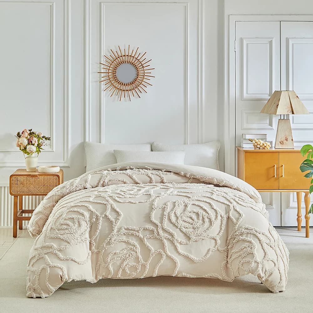 Set Copripiumino 3 Pezzi con Fiori Rosa Kaki, Copripiumino Trapuntato in Poliestere + Federe, Regalo di Nozze, Biancheria da Letto Traspirante