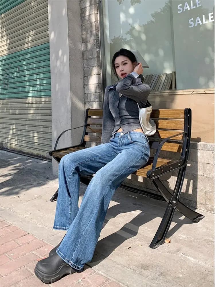 Jeans a gamba larga blu scuro da donna, pantaloni estivi a vita bassa, ampi e snellenti, versatili, a zampa, lunghi, stile casual, primavera/estate