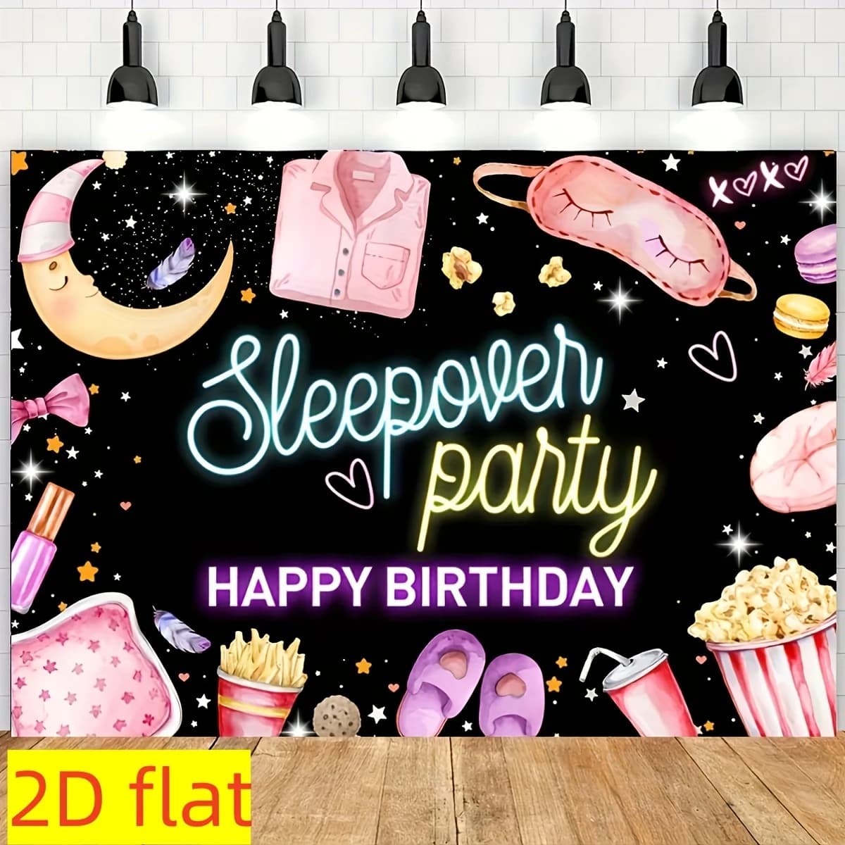Girl's pink pajama party background - polyester birthday and movie night decoration, colorful theme camera banner