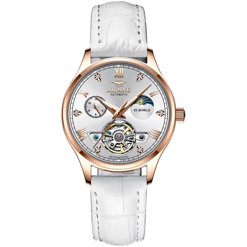 AILANG Orologio Meccanico Automatico Scheletrato con Diamanti per Donne, Lancette Luminose, Elegante Orologio da Donna con Cinturino in Pelle Bianca