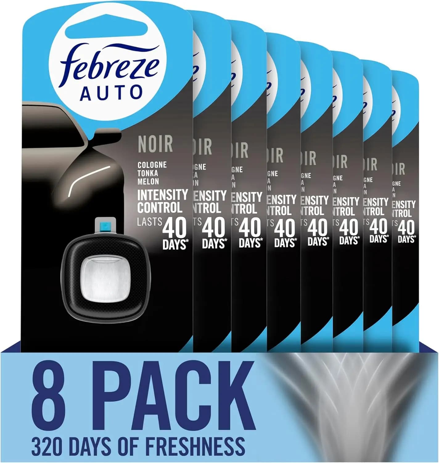 Deodorante per Auto con Clip per Bocchetta di Ventilazione, Febreze AUTO Elimina Odori, Profumo Noir, Confezione da 8, 40 Giorni di Freschezza