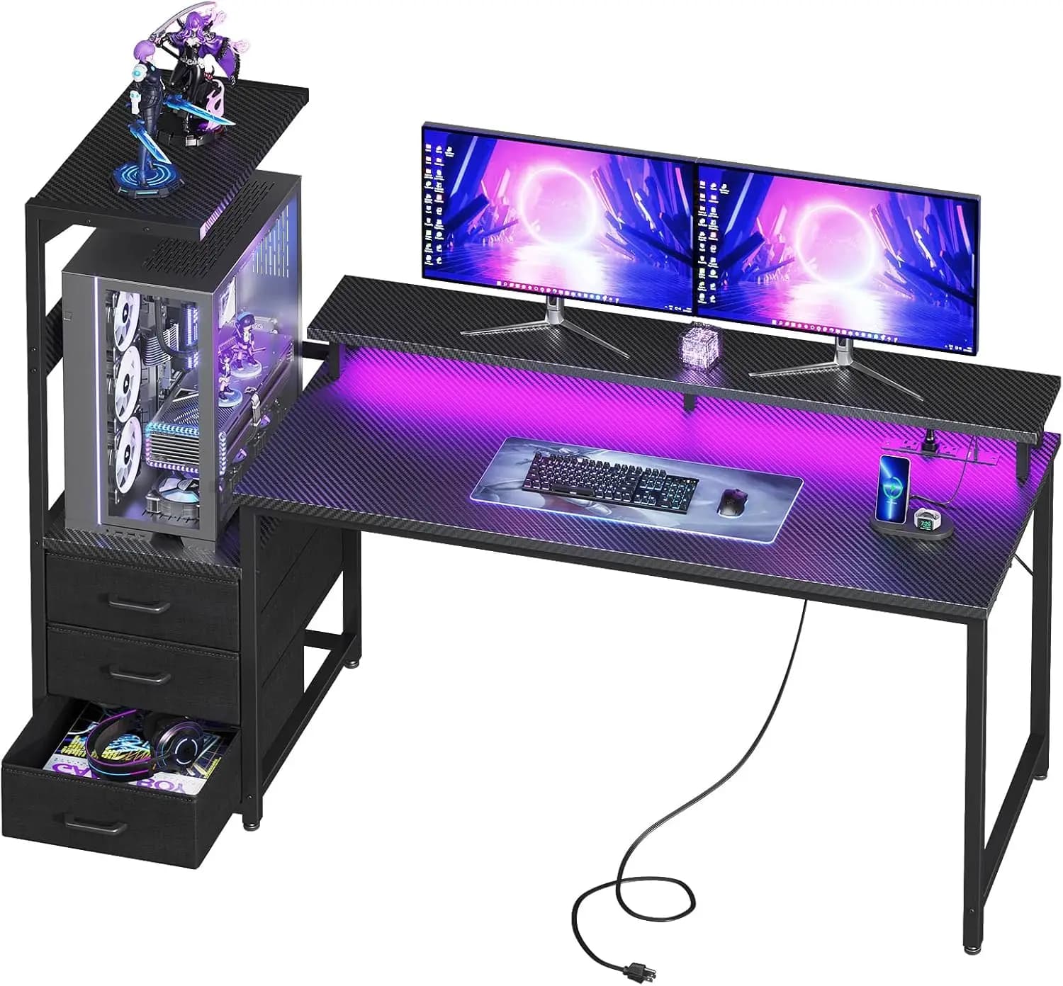 Scrivania da Gaming da 59 Pollici con Luci LED, Scrivania per Computer Reversibile con Ripiani Portaoggetti e Supporto Monitor, Cassetti in Tessuto, Nera