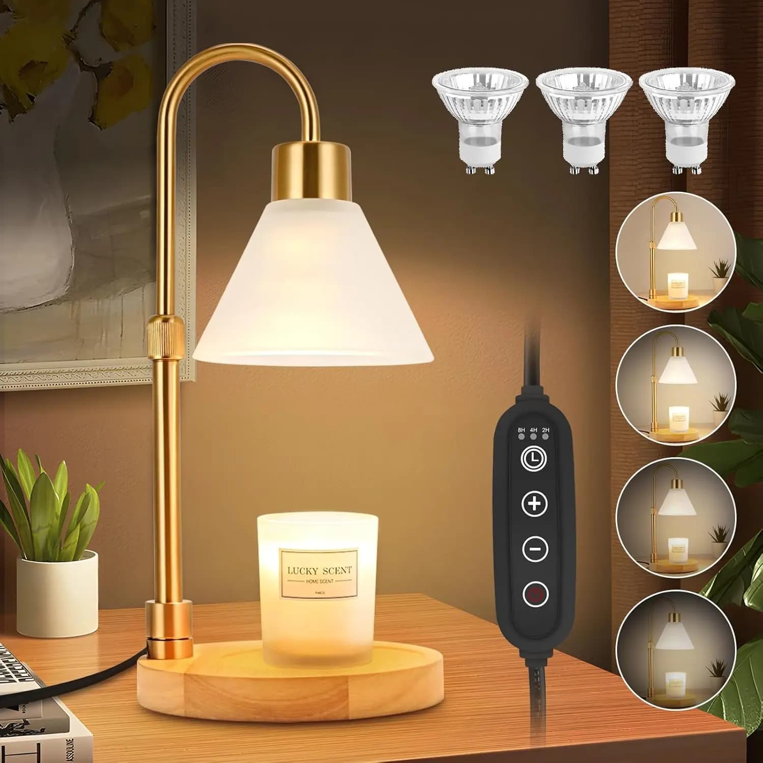 Lampada Scaldacandele Regolabile con Timer e Dimmer, 3 Lampadine, Adatta a Tutte le Candele Profumate per l'Arredamento Domestico