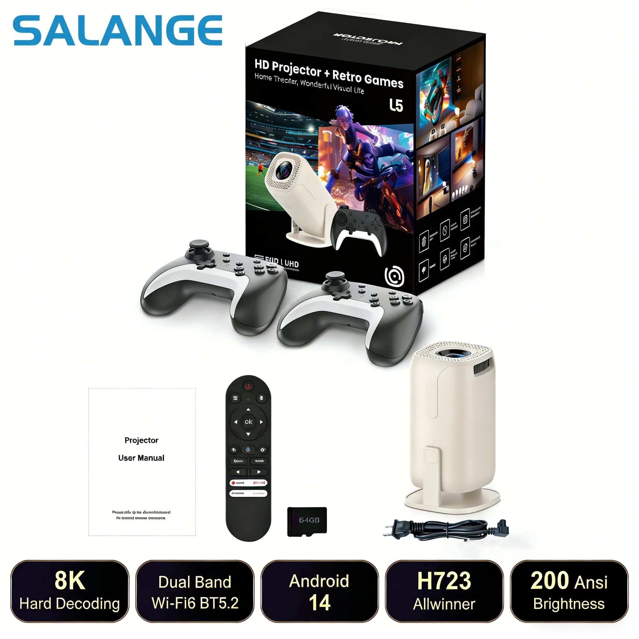Proiettore da Gaming Salange U5 Android 14 con Supporto 8K, Netflix Ufficiale, 36000+ Giochi, Gamepad Wireless, Telecomando Vocale Bluetooth