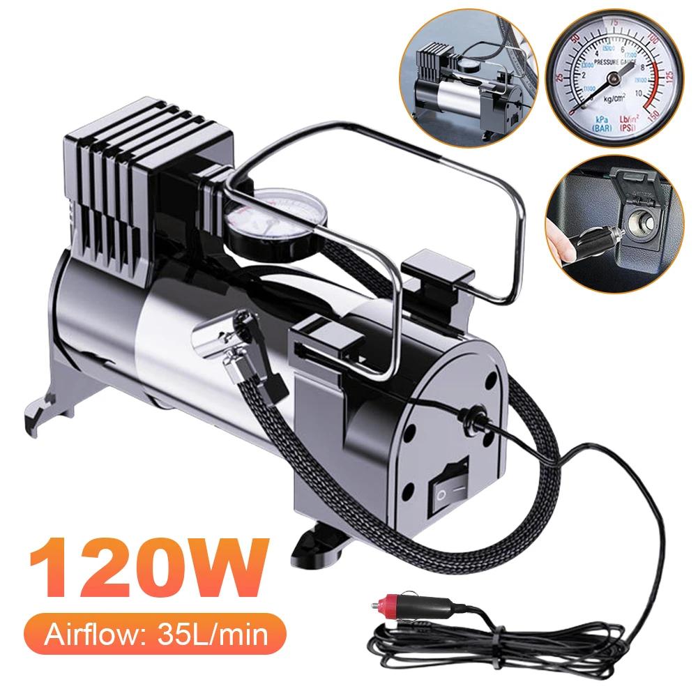 Compressore d'Aria Portatile 12V con Manometro, Pompa per Pneumatici Auto, Mini Compressore Elettrico in Metallo Resistente