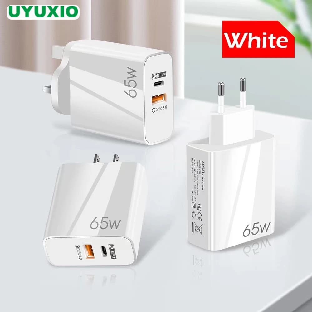 UYUXIO Adattatore per caricabatterie per telefono 2 in 1 USB C PD 65W Gan Ricarica rapida per iPhone 16 15 Pro Max Plus MacBook iPad Samsung Tutti i telefoni