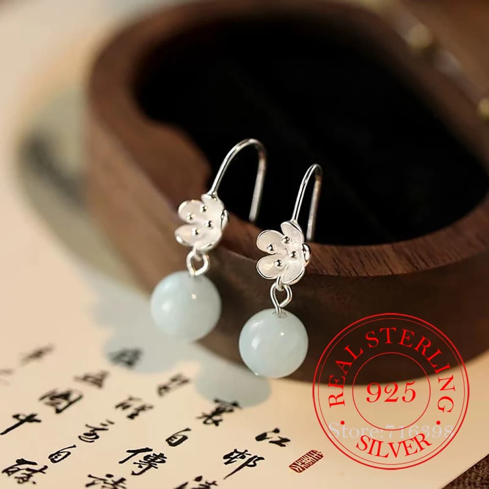 925 Sterling Silver Jewelry Luxury Natural Jade Beads Ball Flower Drop Earrings for Women Wedding Party Jewelry Girl Friend Gift